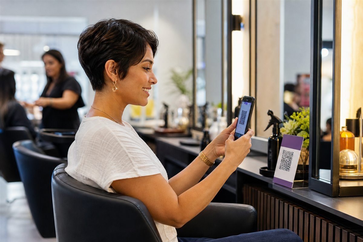 Cliente usando QR Code em salão de beleza
